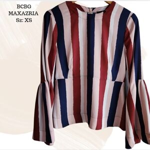 BCBGMAXAZRIA Striped Bell‎ Sleeve Top XS Multicolor Red Navy White Blouse